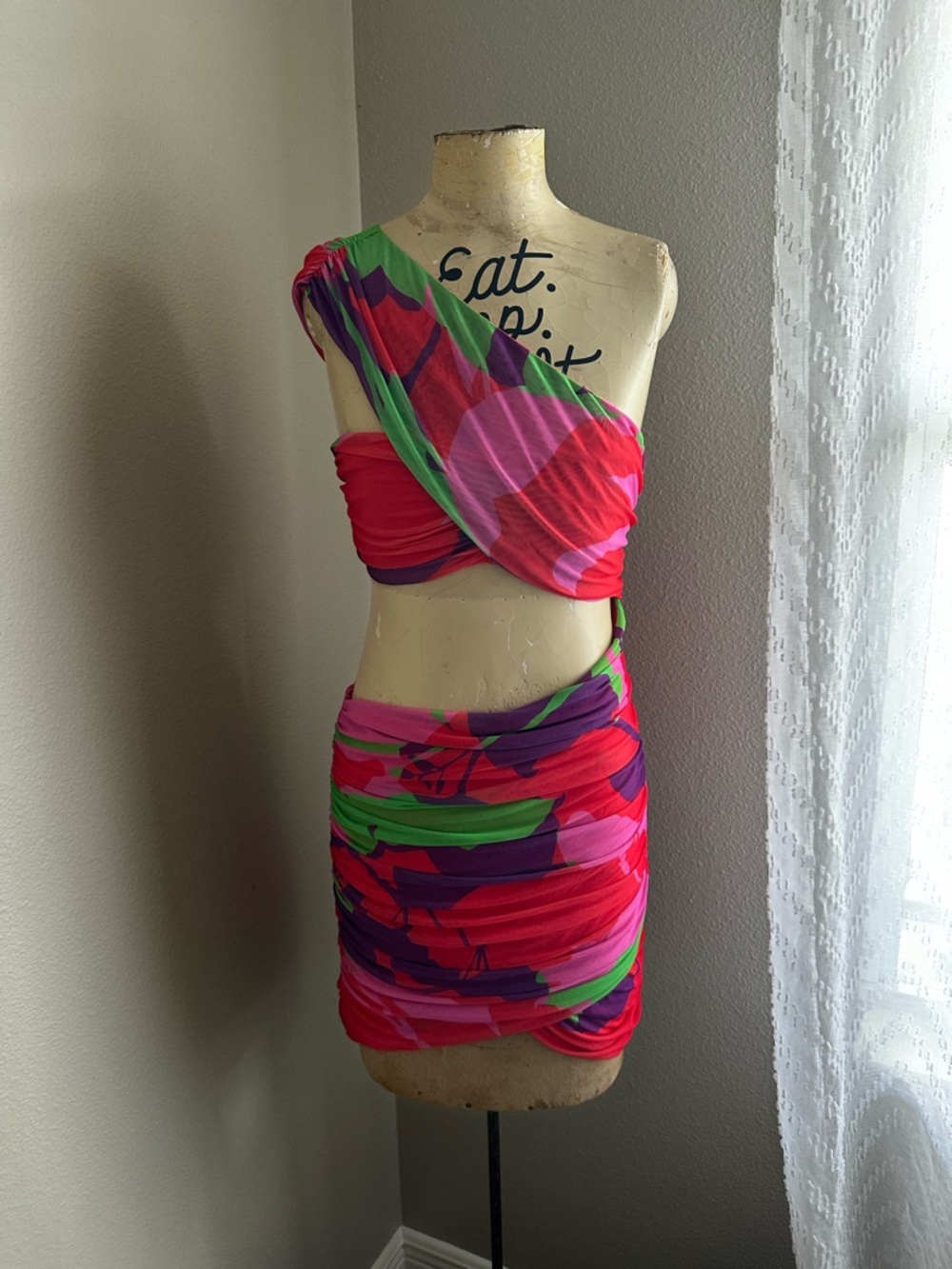 AFRM Red Pink Green Abstract Floral Print Mini Dress